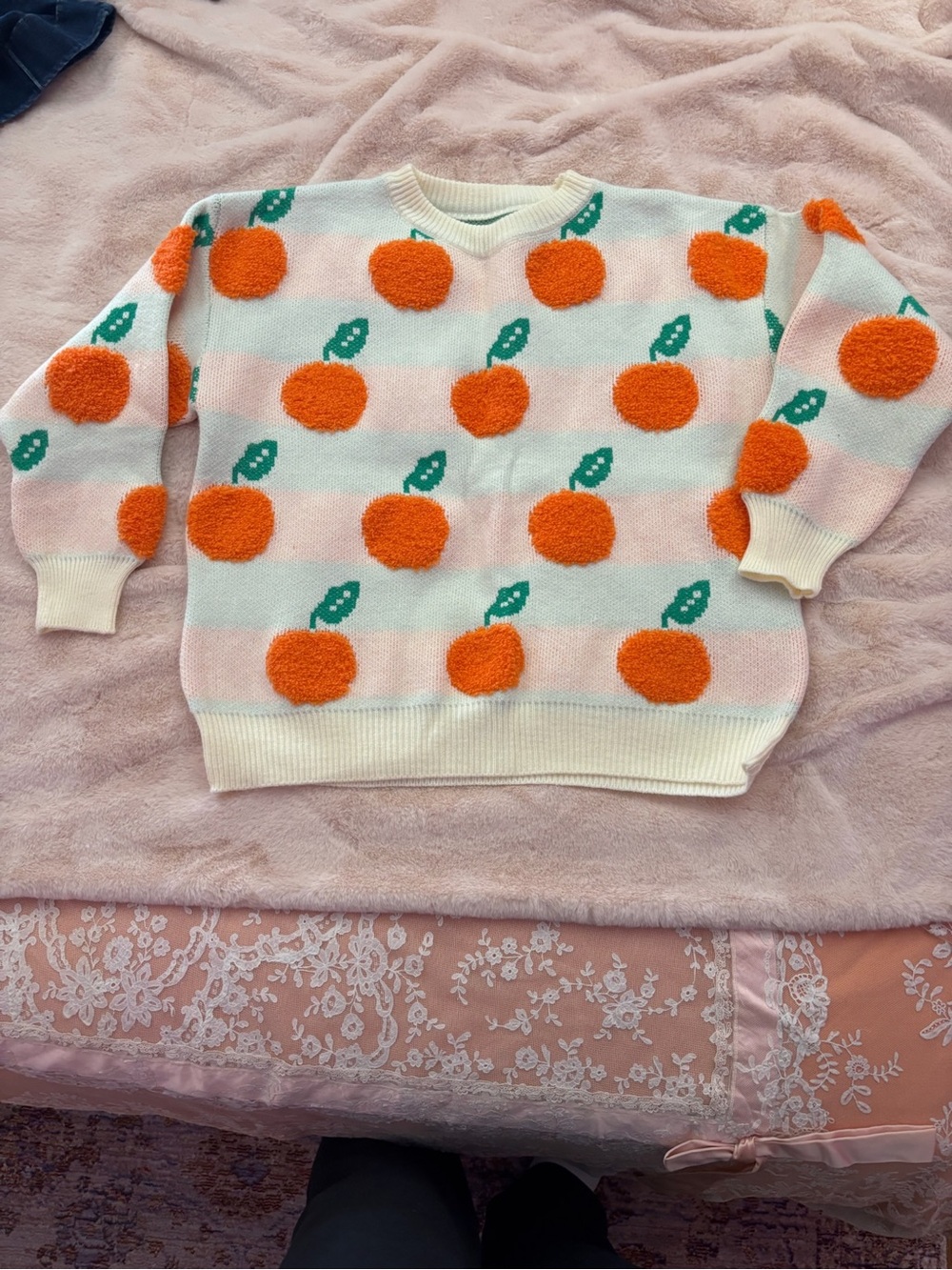Whimsical Orange Motif Crewneck Sweater - Cream & Orange